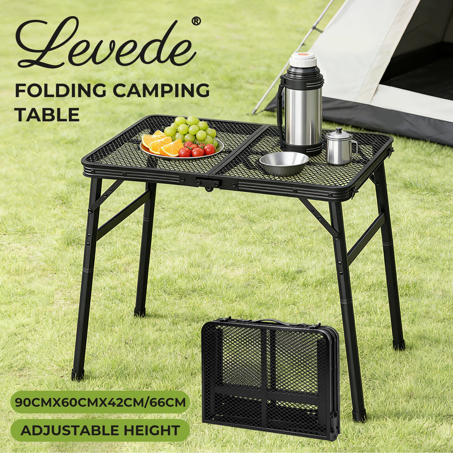 Levede Folding Camping Table Adjustable Height Aluminium Picnic Desk Black 90cm