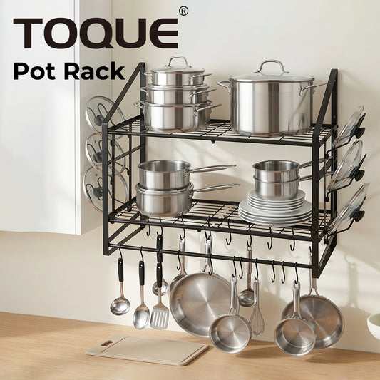 TOQUE Pot Rack Kitchen Storage Organiser Shelf Pan Rack 20 Hooks Lid Holders