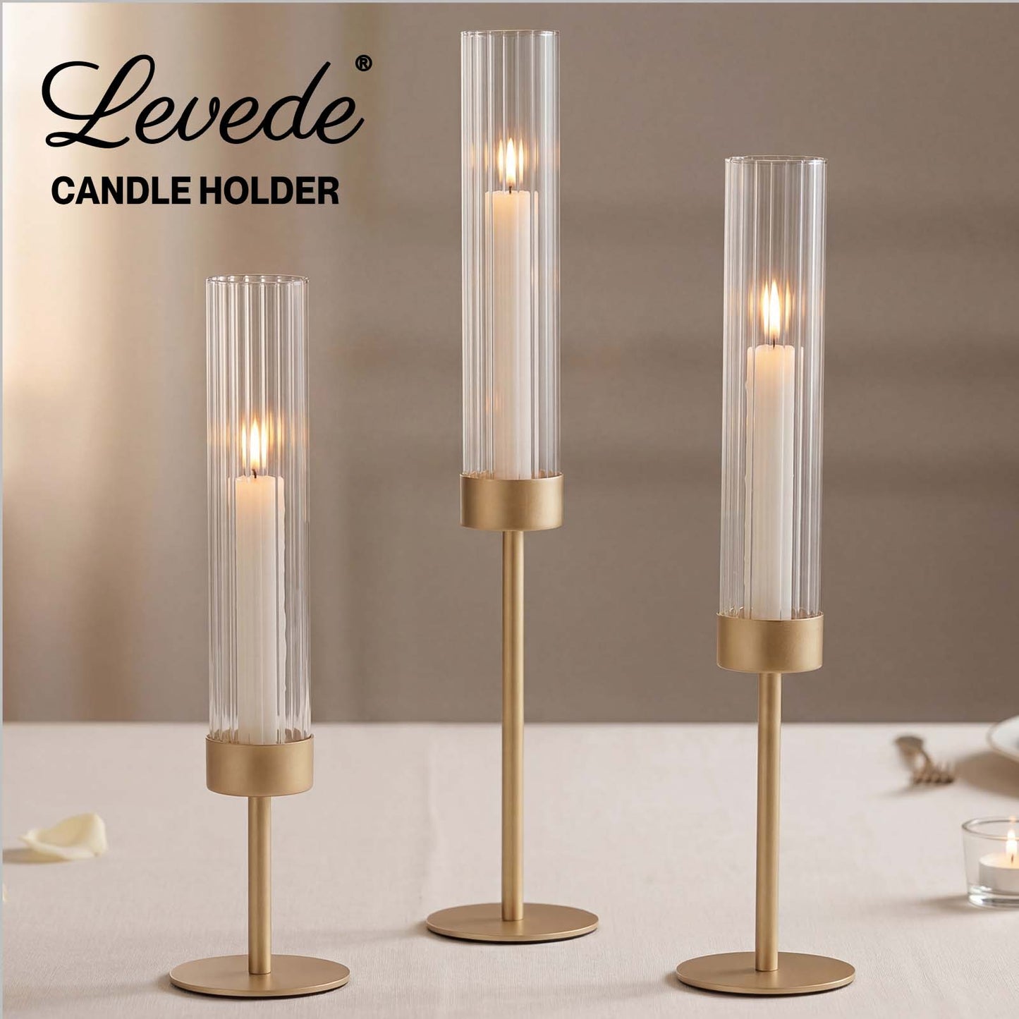Levede Candle Holder Gold Metal Glass Tube Candlestick Holders Set of 3 Decor