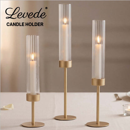 Levede Candle Holder Gold Metal Glass Tube Candlestick Holders Set of 3 Decor