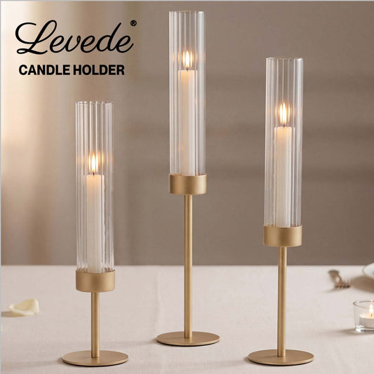 Levede Candle Holder Gold Metal Glass Tube Candlestick Holders Set of 3 Decor