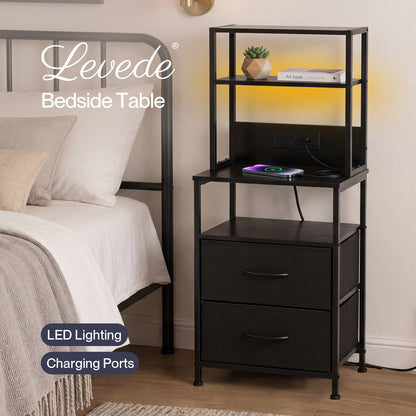 Levede Bedside Table with Charging Station LED Light 2 Drawers Storage Black