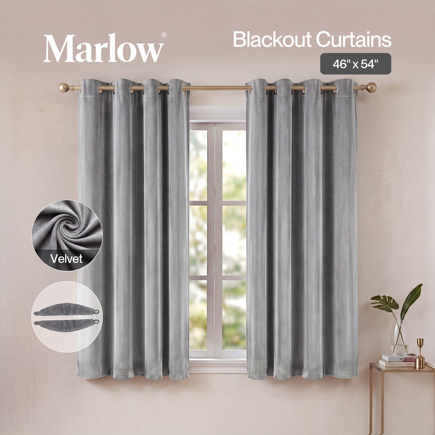Marlow Thick Thermal Blackout Curtains Velvet 46x54 Inch Eyelet Ring Top Grey