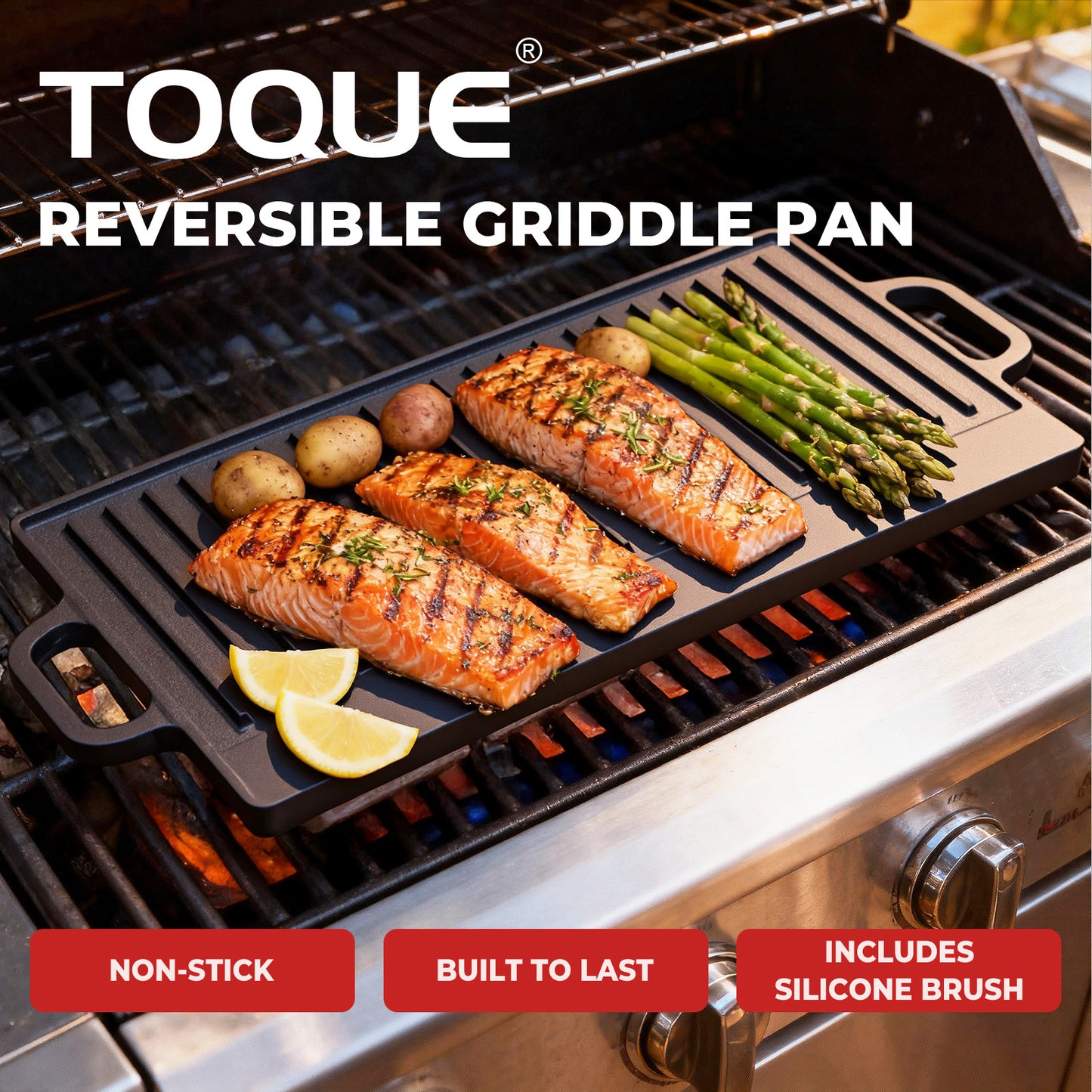Toque Reversible Cast Iron Griddle Plate Non-Stick Grill Skillet Pan 49.5cm BBQ