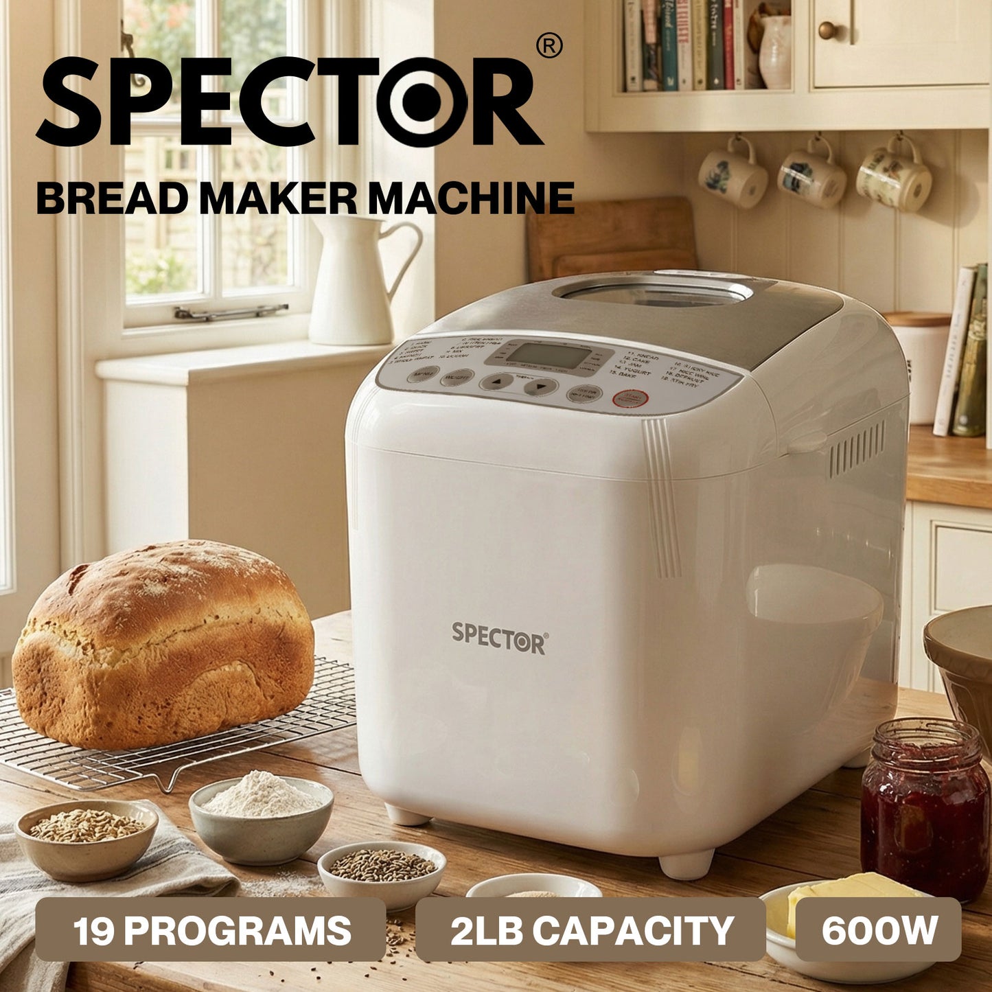 Spector Automatic Bread Maker Machine 2LB 19 in 1 600W Non Stick Stainless Steel