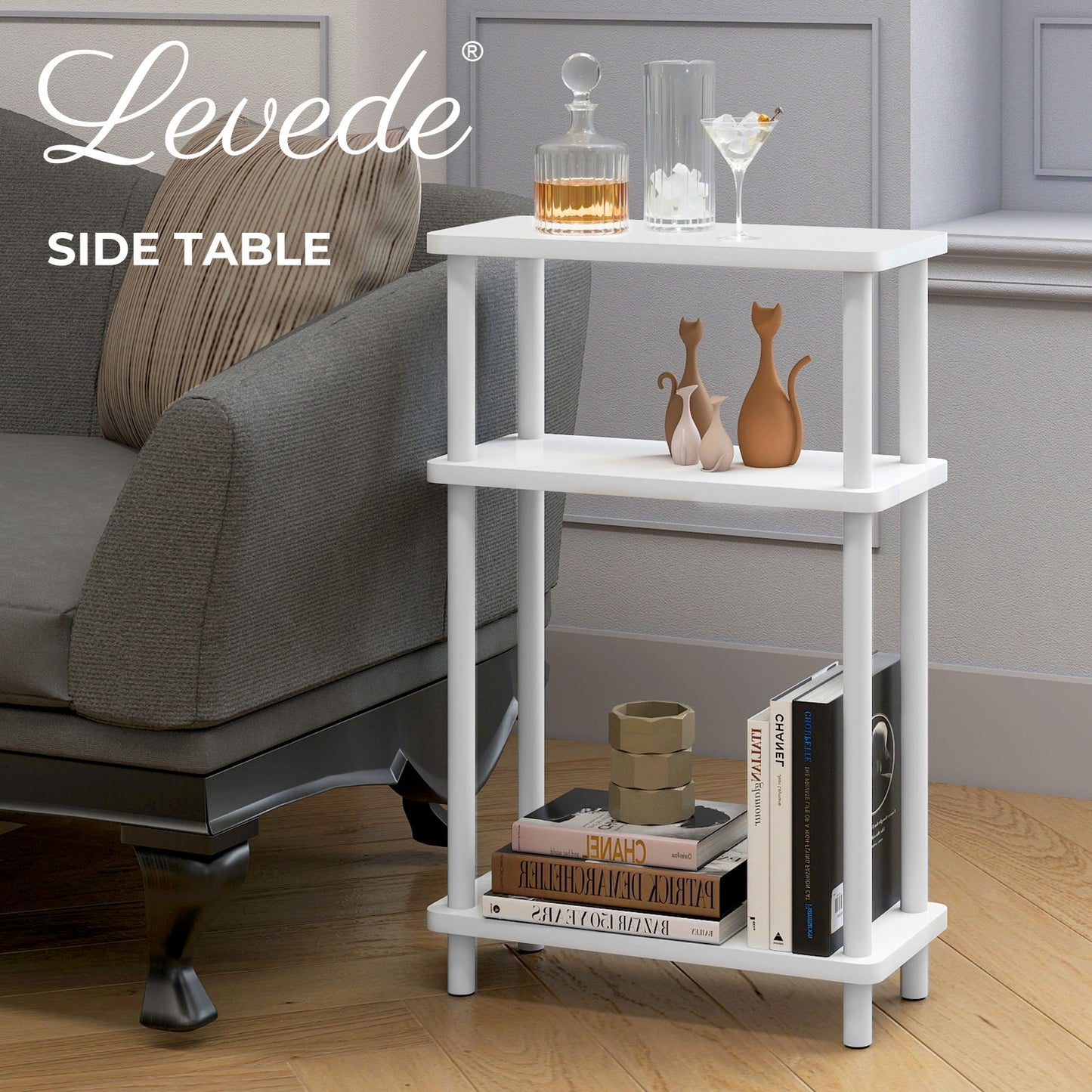 Levede Slim Side Table 3 Tier Narrow Sofa End Table Bedside Storage Stand White