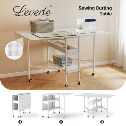 Levede Sewing Table Foldable Craft With Grid Adjustable Height Storage Black