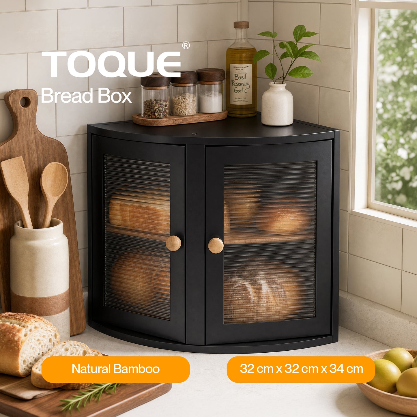 Bread Bin  Corner Bread Bin for Kitchen  Double-Layer Bamboo Box  Black