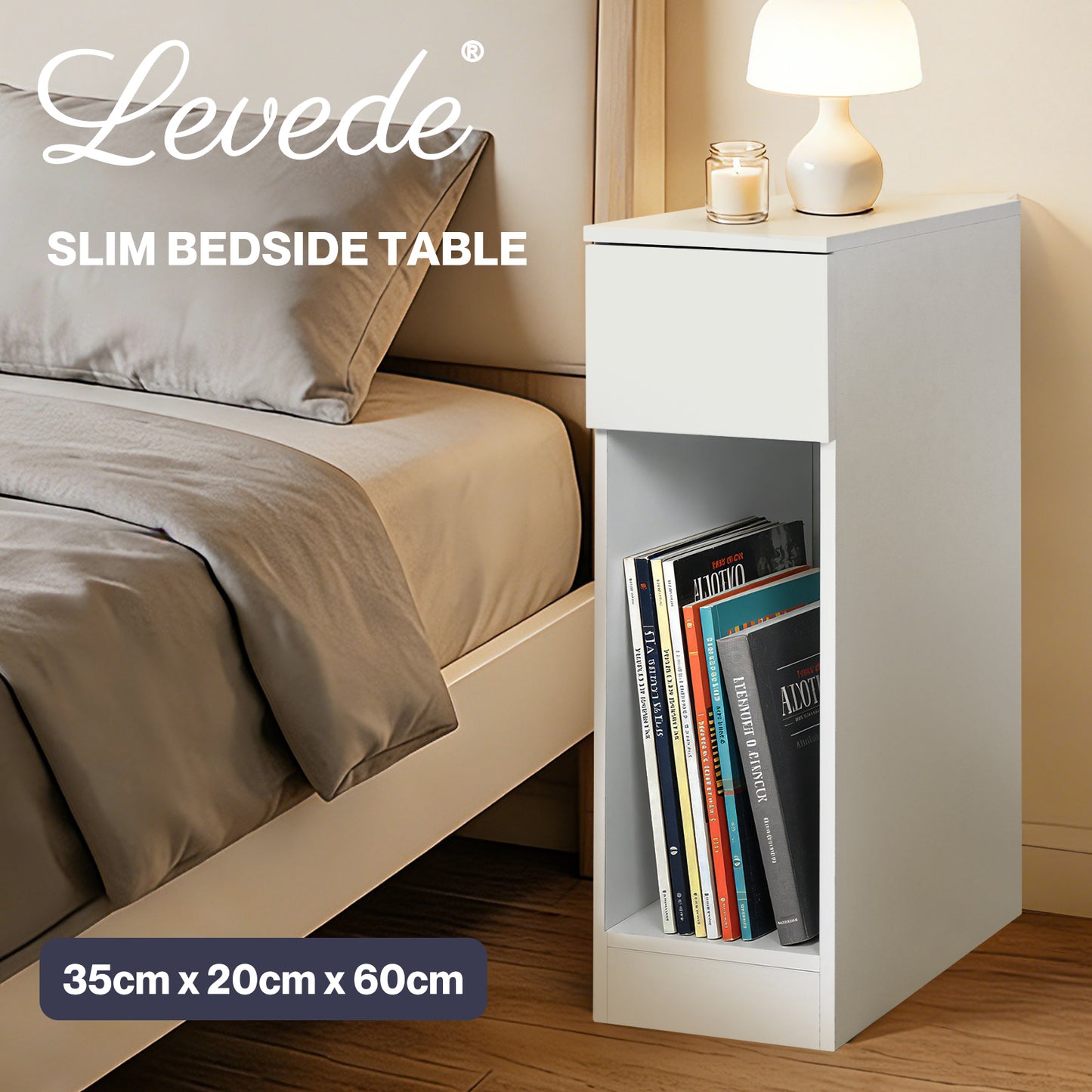 Levede Bedside Table Cabinet  Narrow Slim Side Cabinet White Drawer Open Shelf