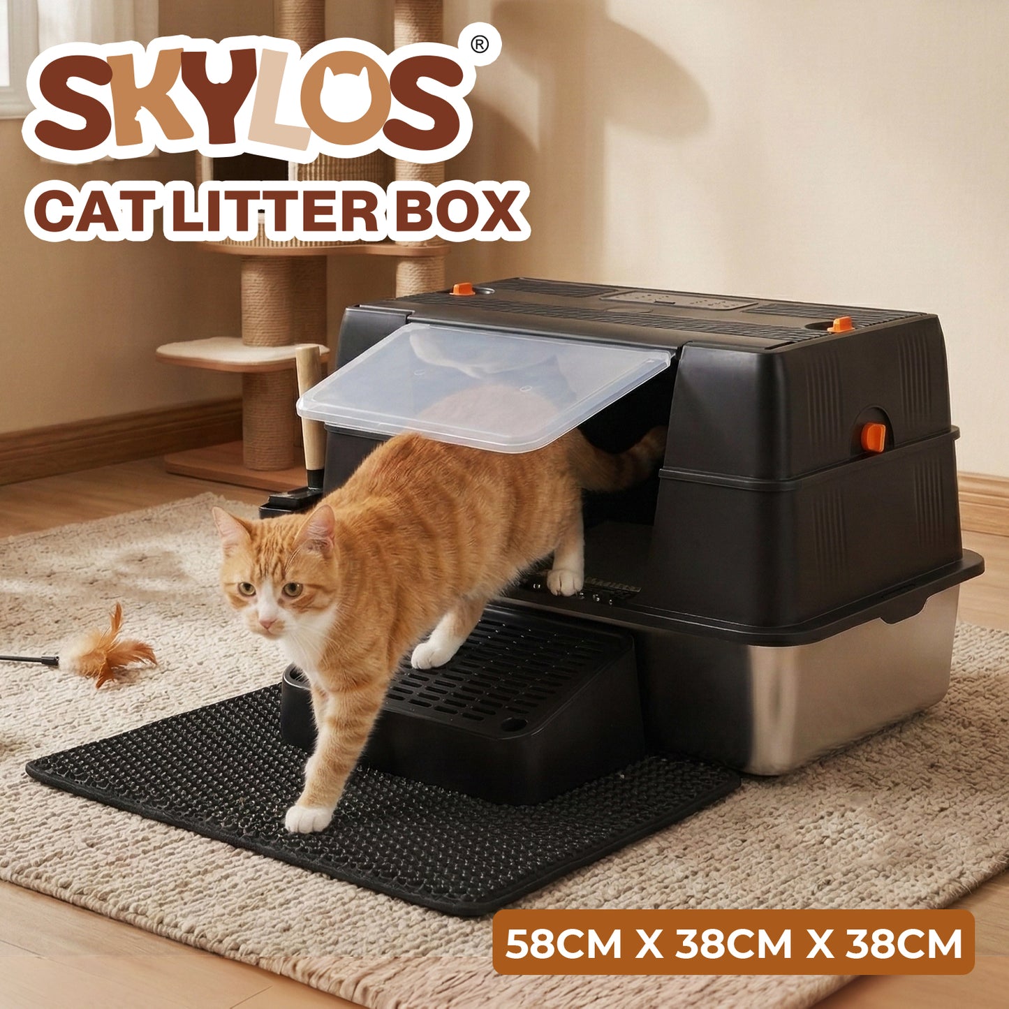 Skylos Cat Litter Box Enclosed Stainless Steel Litter Tray Hooded Covered Toilet