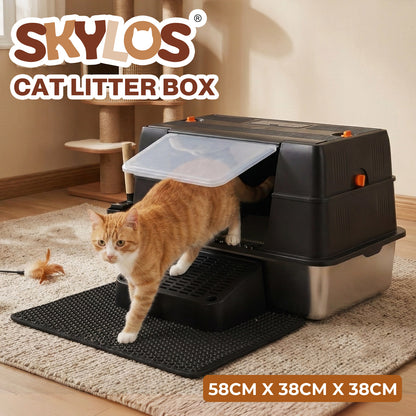 Skylos Cat Litter Box Enclosed Stainless Steel Litter Tray Hooded Covered Toilet