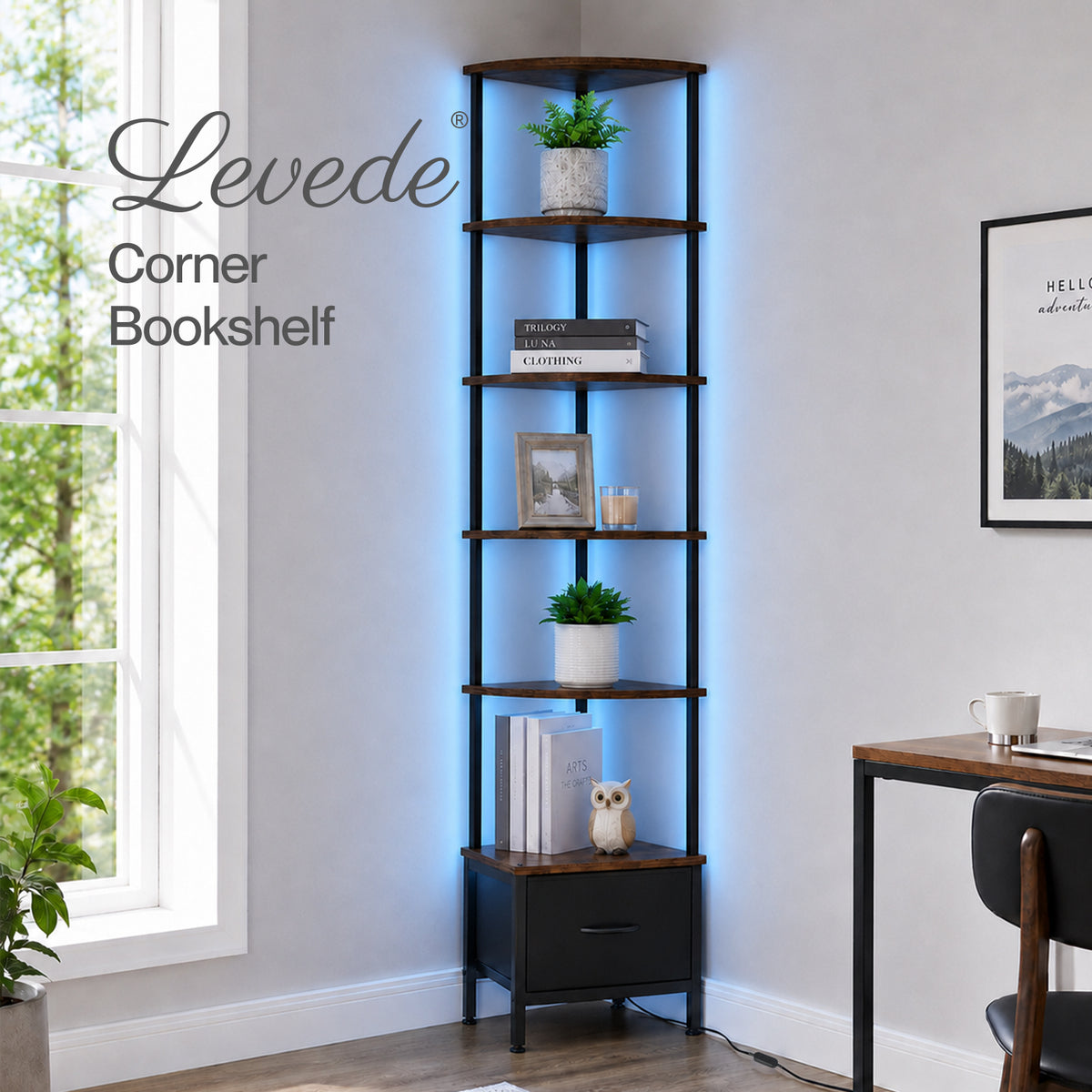 Levede Corner Bookcase Tall Corner Shelf Unit 6-Tier with LED Light Drawer Brown