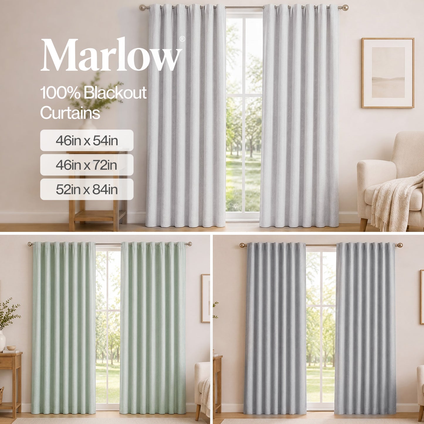 Marlow 100% Blackout Curtains Thermal Linen Look Ready Made Machine Washable