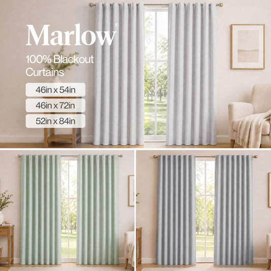 Marlow 100% Blackout Curtains Thermal Linen Look Ready Made Machine Washable