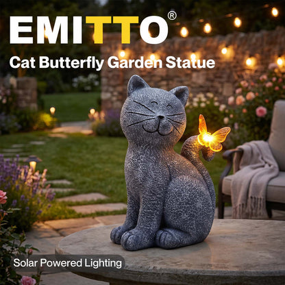 Emitto Cat Garden Ornaments Outdoor Resin Gray Orange Solar LED Decor