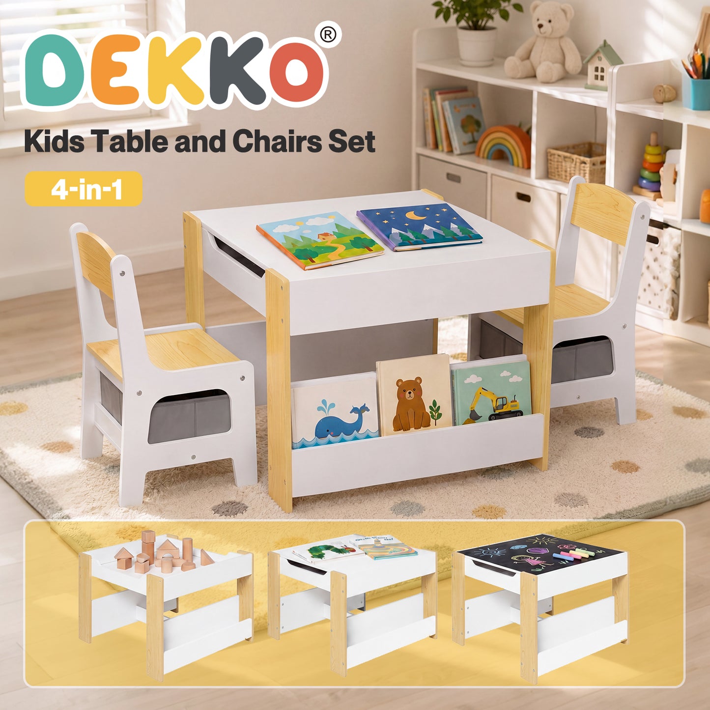 Dekko Kids Table and Chairs Set 2-in-1 Flip Top Storage Play Study Natural