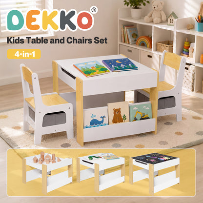 Dekko Kids Table and Chairs Set 2-in-1 Flip Top Storage Play Study Natural