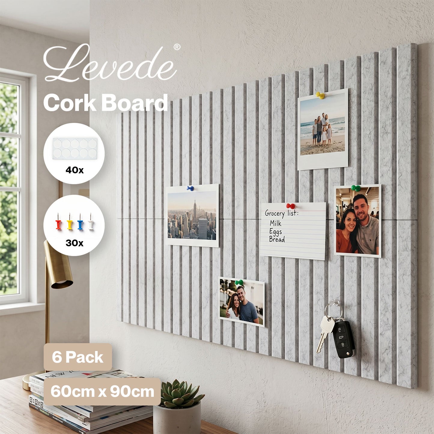 Levede Felt Notice Board 6 Pack Wall Tiles Pin Board Self Adhesive Grey 30x30cm