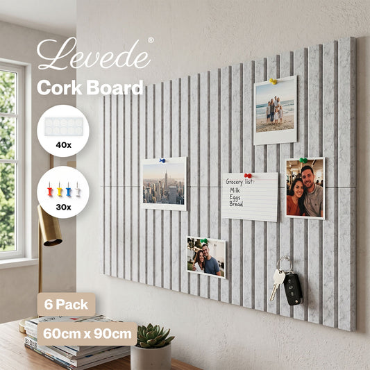 Levede Felt Notice Board 6 Pack Wall Tiles Pin Board Self Adhesive Grey 30x30cm