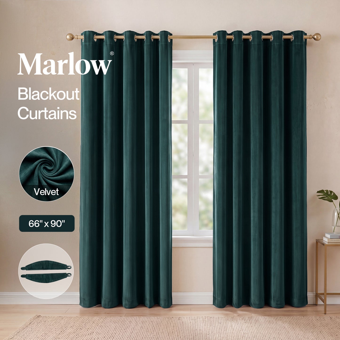 Marlow Thick Thermal Blackout Curtains Velvet 66x90 Inch Eyelet Ring Top Green