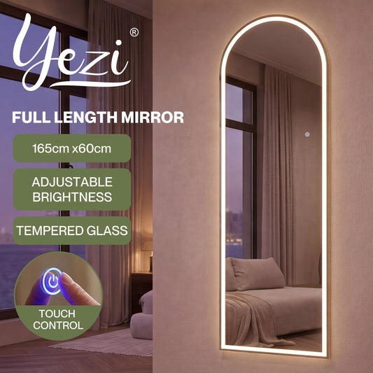 Yezi Full Length Mirror Arched LED Touch Buttons Light-Adjustable 165x60cm White