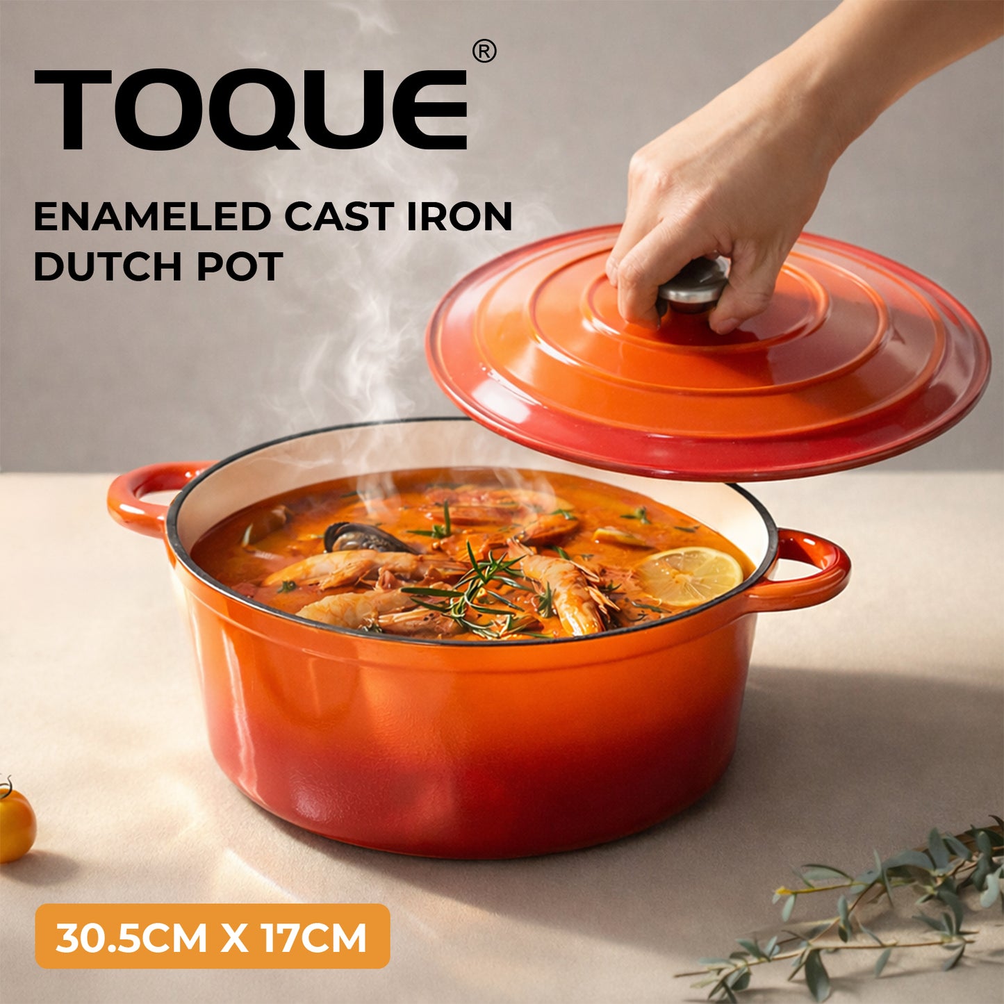 Toque Cast Iron Enameled Dutch Oven Pot Casserole Dish with Lid Non-Stick Orange