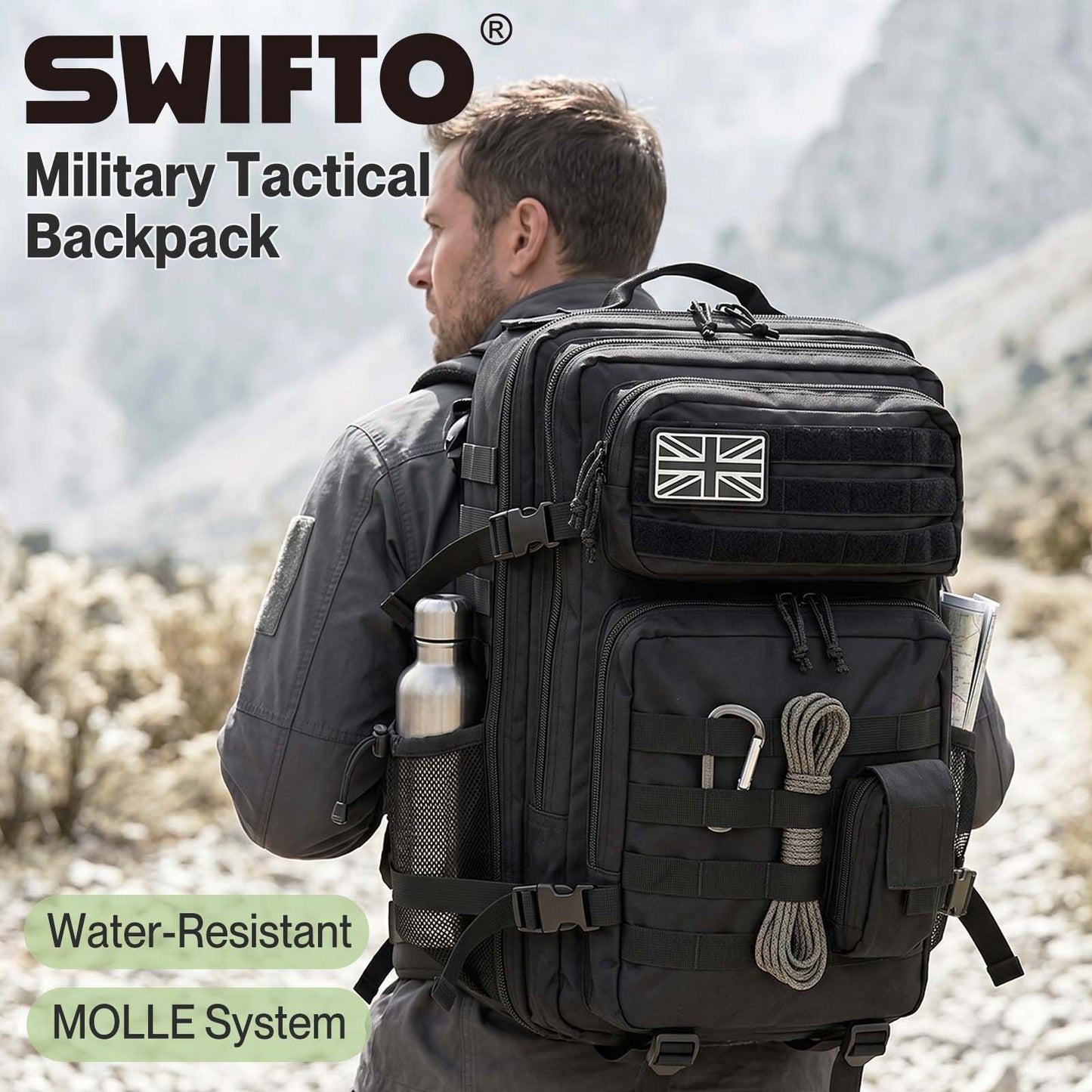 Swifto Military Backpack 45L Tactical Backpack 900D Oxford for Hiking Black