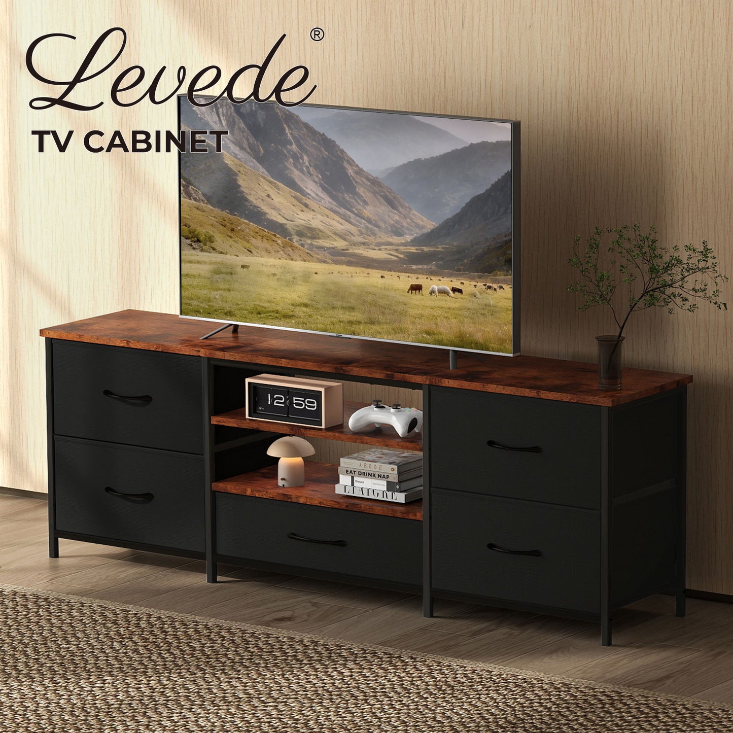 Levede TV Stand Cabinet Entertainment Unit 140cm with 5 Storage Drawers Shelves