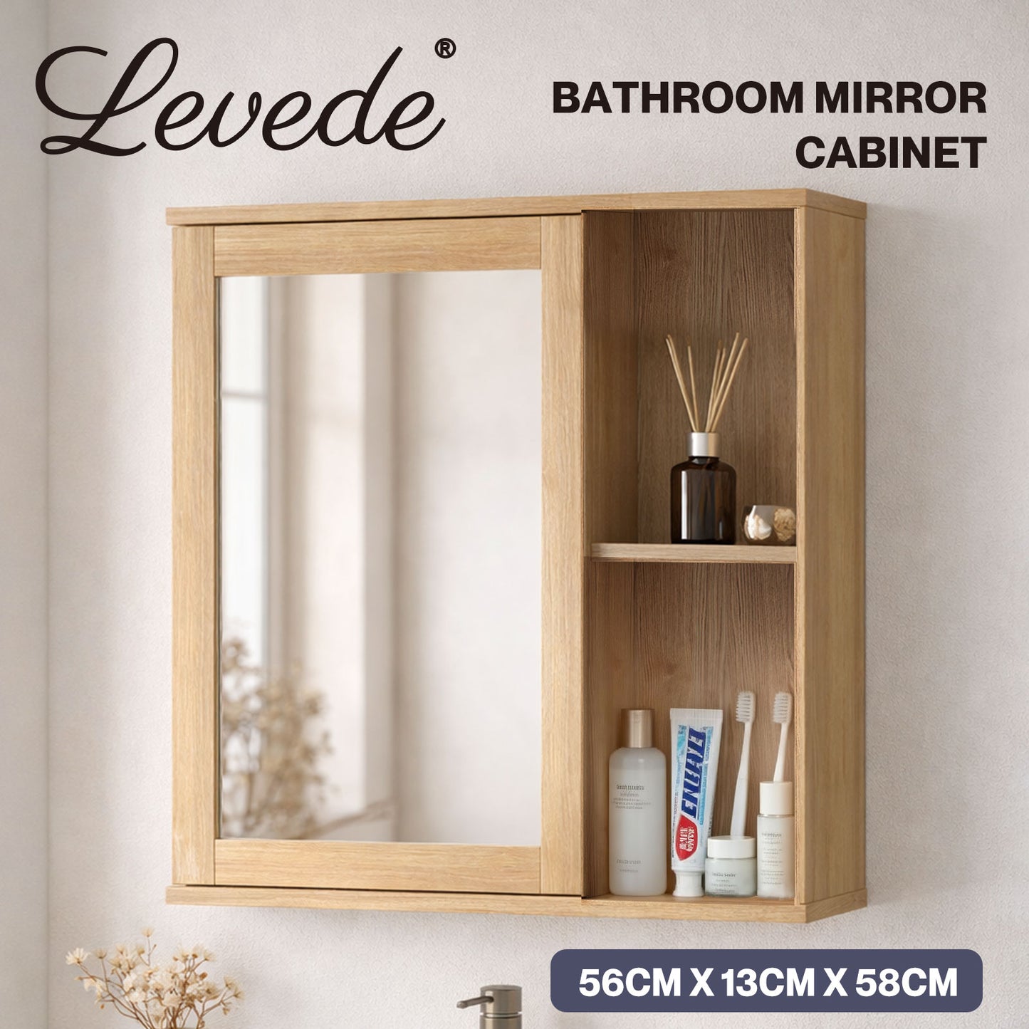 Levede Bathroom Mirror Cabinet Wall Mounted Cupboard with Storage Shelf Oak 56cm