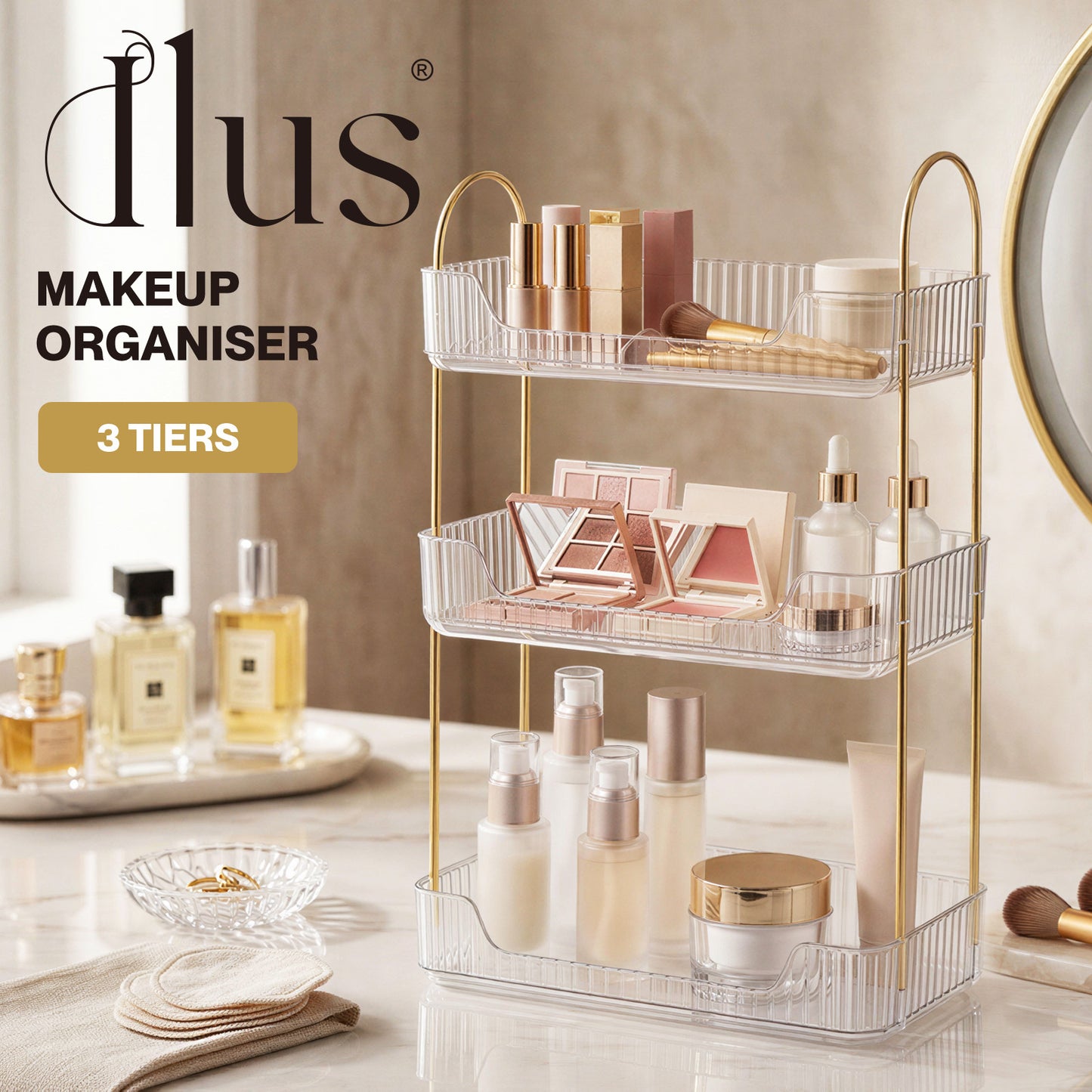 ilus Makeup Organiser Modern 3-Tier Cosmetic Storage Rack Beauty Tray White