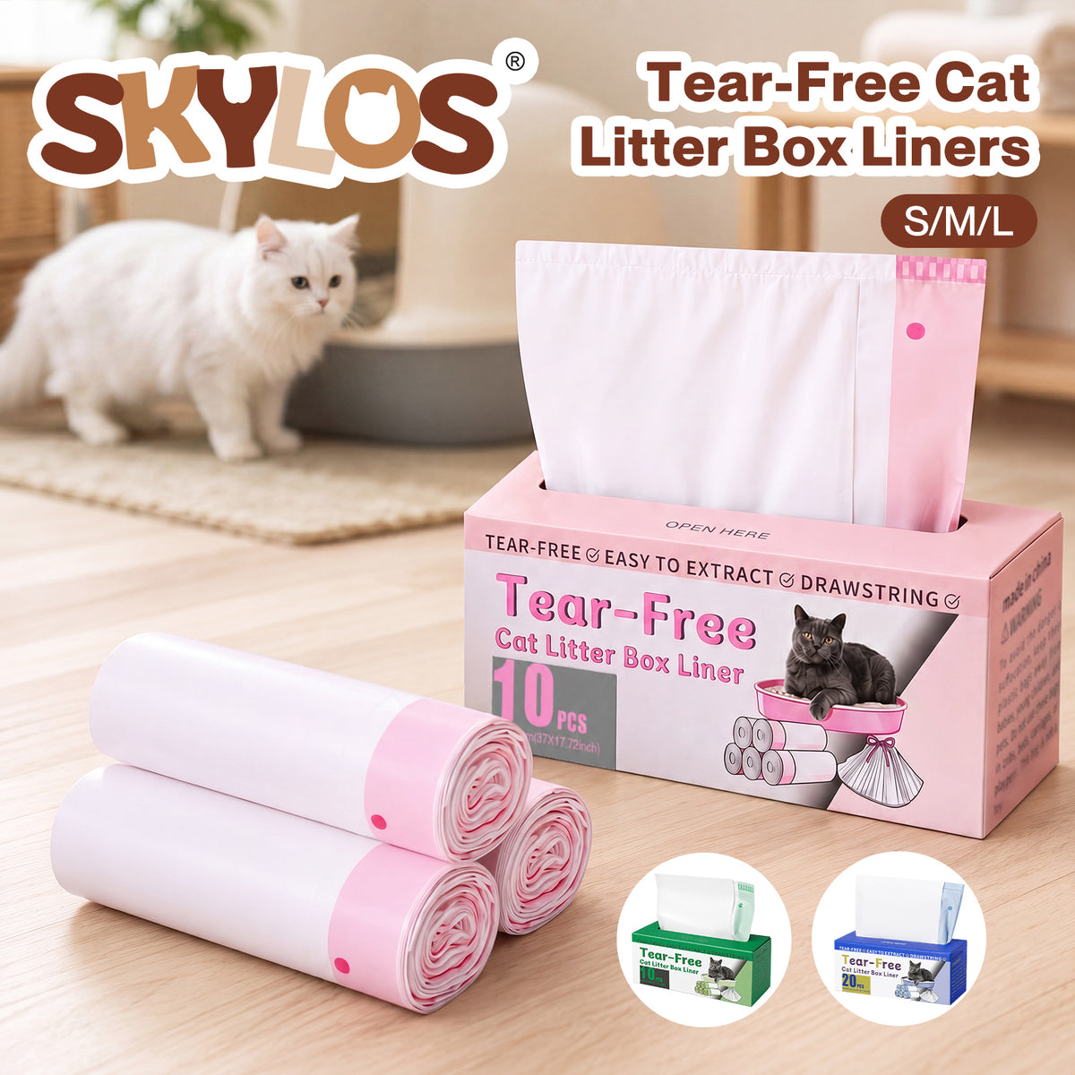 Skylos Cat Litter Bags Auto Scoop Bin Liners Heavy Duty Drawstring 30/40/120 Pack