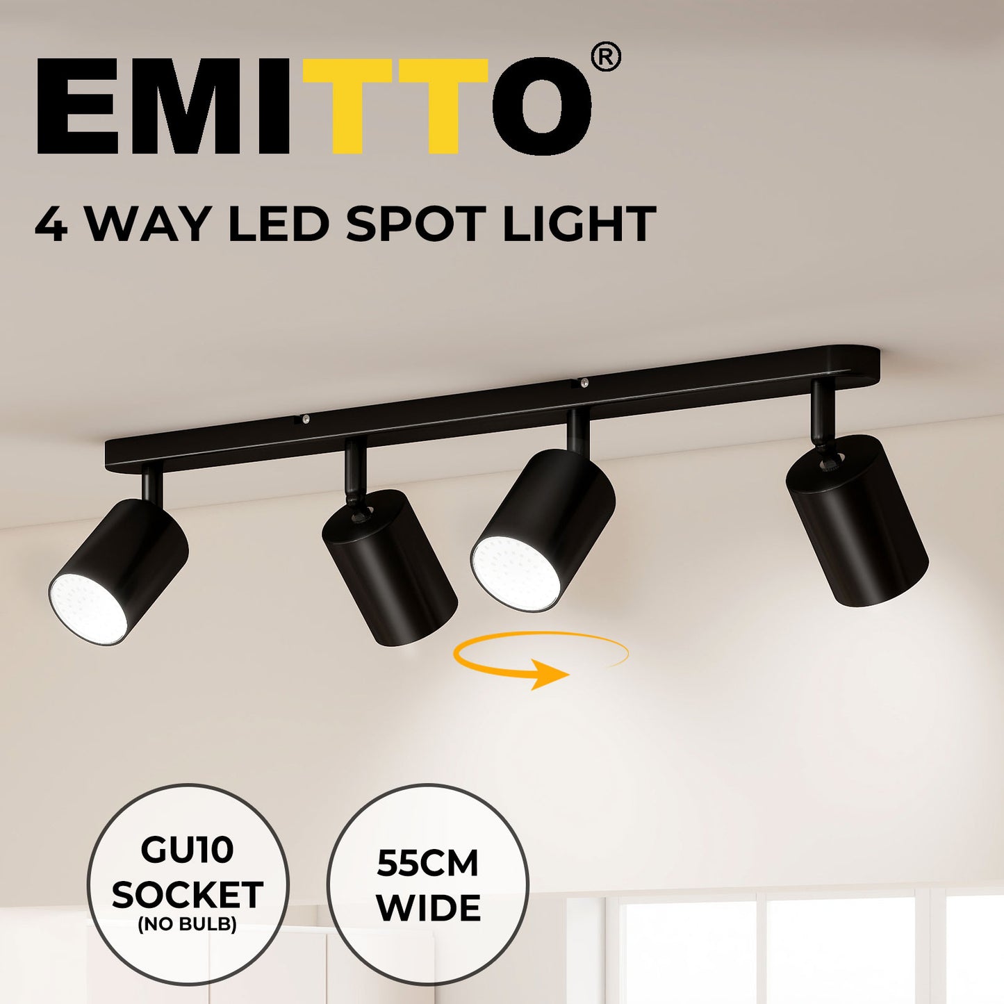 EMITTO Led Ceiling Spot Light GU10 4-Way Fully Adjustable Steel Modern Black