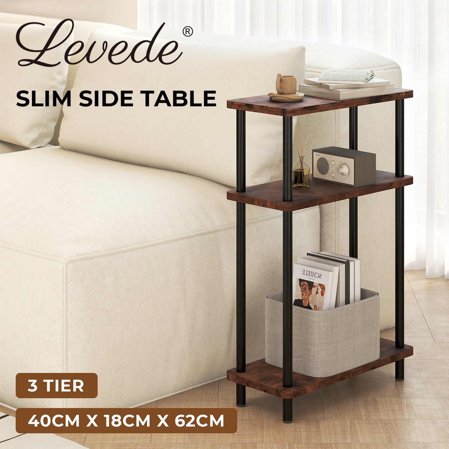 Levede Slim Side Table 3 Tier Narrow Sofa End Table Bedside Storage Stand
