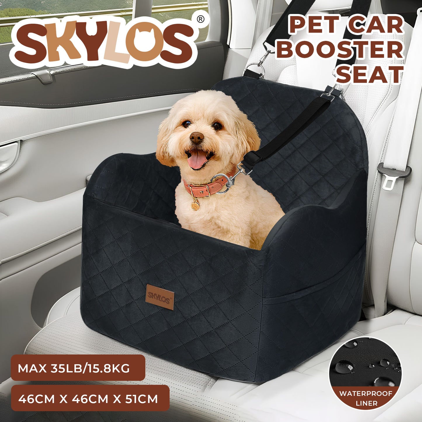 Skylos Dog Booster Car Seat for Small to Medium Pets up to 35 lbs Portable Black