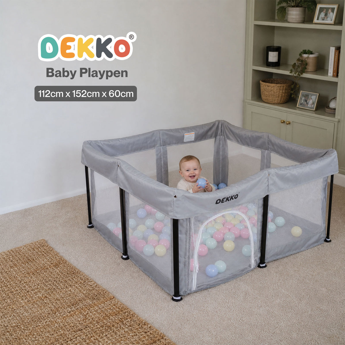 Dekko Baby Playpen Foldable Playpen With Mat 50 Balls Easy Setup Indoor Grey