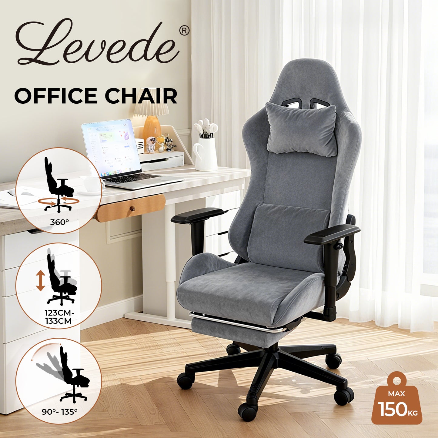 Levede Office Desk Chair Gaming Recliner Adjustable Height with Footrest Grey