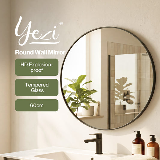 Yezi Wall Mirror Round Mirror Tempered Glass HD Make Up Mirror Bathroom 60cm