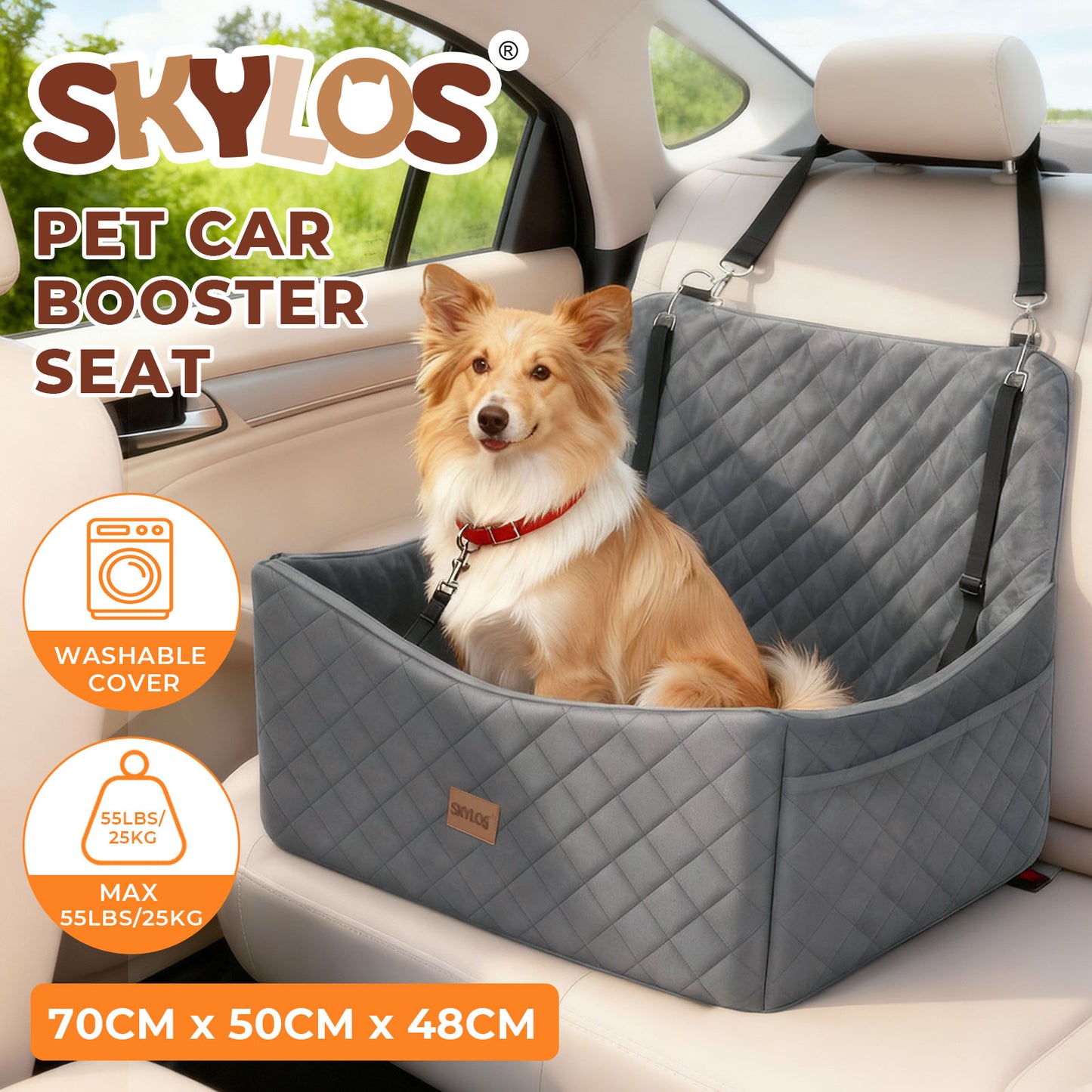 Skylos Dog Booster Car Seat Travel Carrier Bed Basket for Pet up to 55lbs Grey