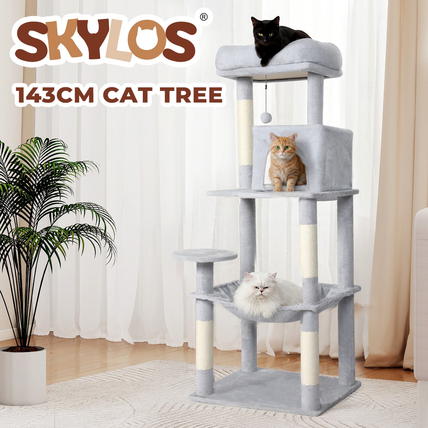 Skylos 143cm Cat Tree Multilevel Scratching Post Climbing Tower Activity Centre
