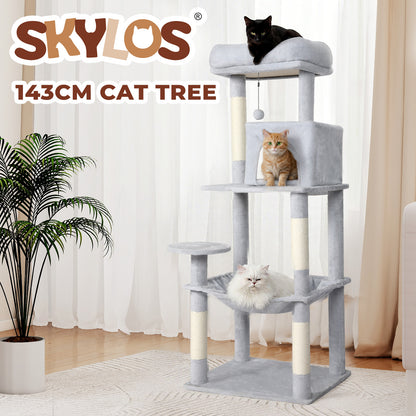 Skylos 143cm Cat Tree Multilevel Scratching Post Climbing Tower Activity Centre