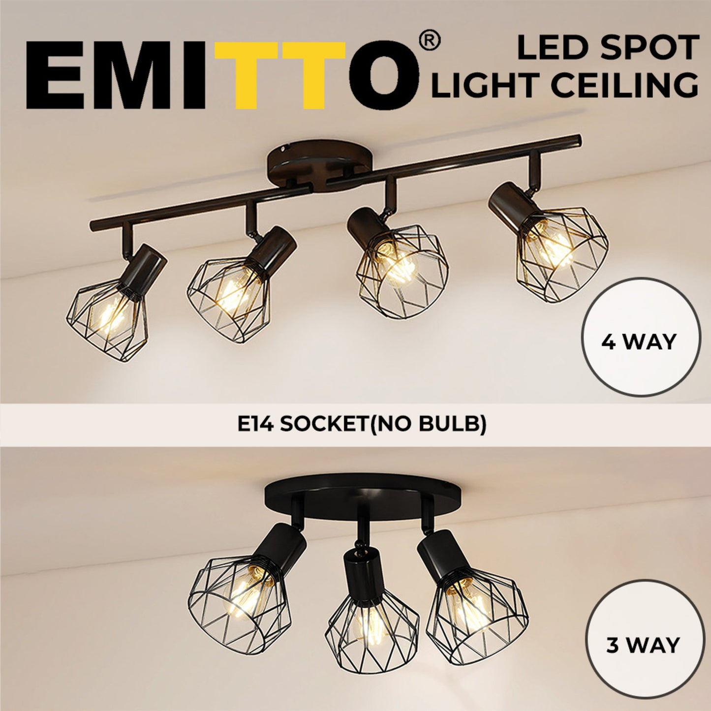 EMITTO 3-4 Way Spotlight Ceiling Light Adjustable Kitchen Spot Light E14 Fixture