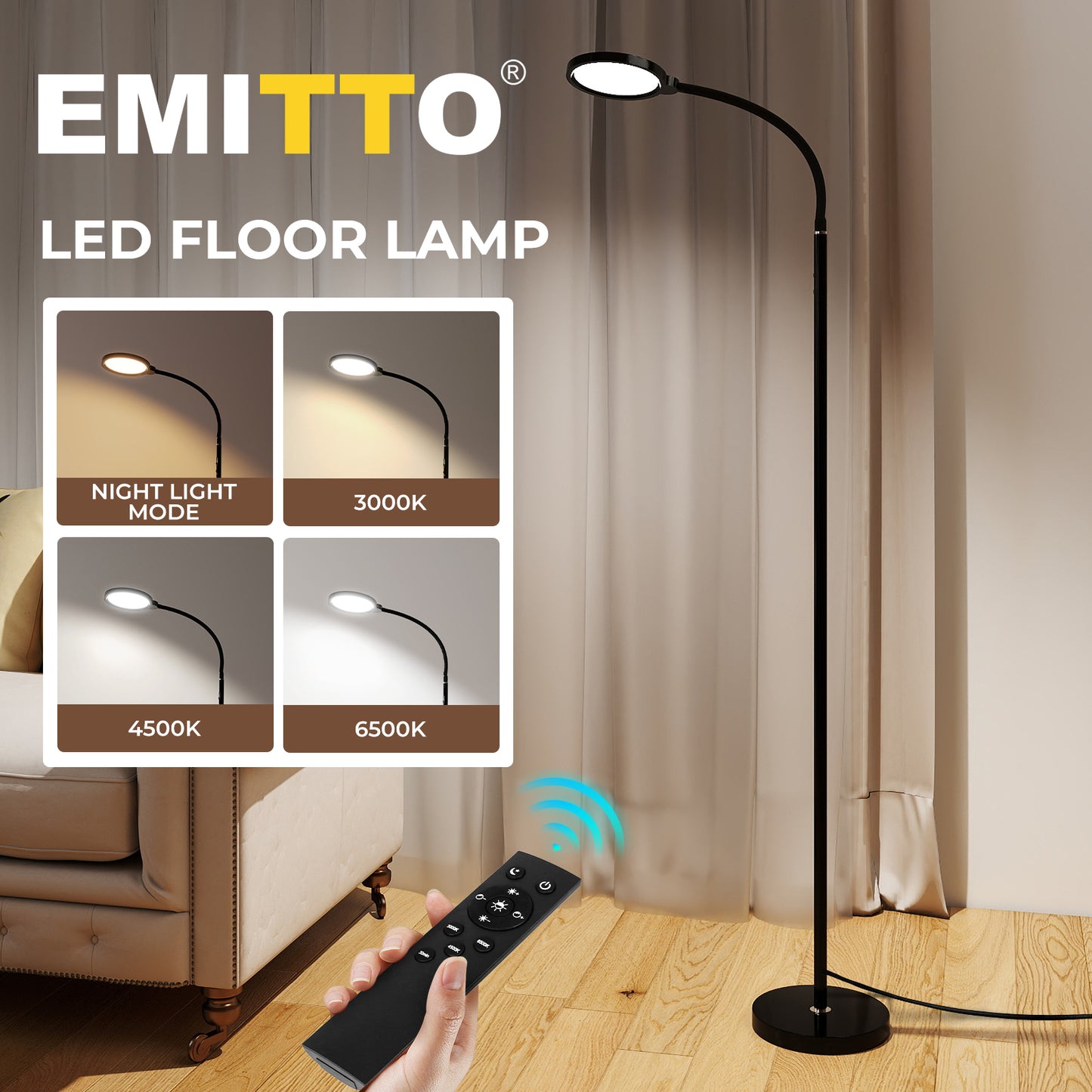 Emitto LED Floor Lamp Dimmable Standard Reading Light Remote Adjustable Angle