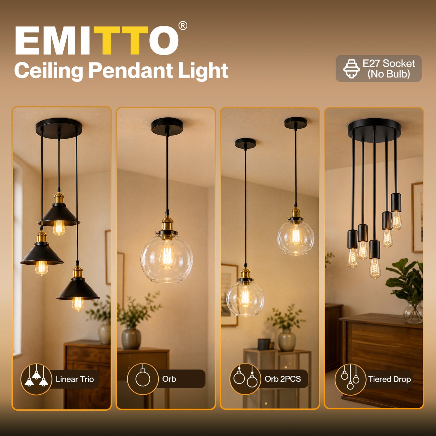 Emitto Pendant Light Modern Hanging Lamp Vintage Industrial E27 Ceiling Light