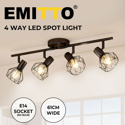 EMITTO LED Spot Ceiling Light 4-Way Adjustable Vintage Black Metal E14 Fixture