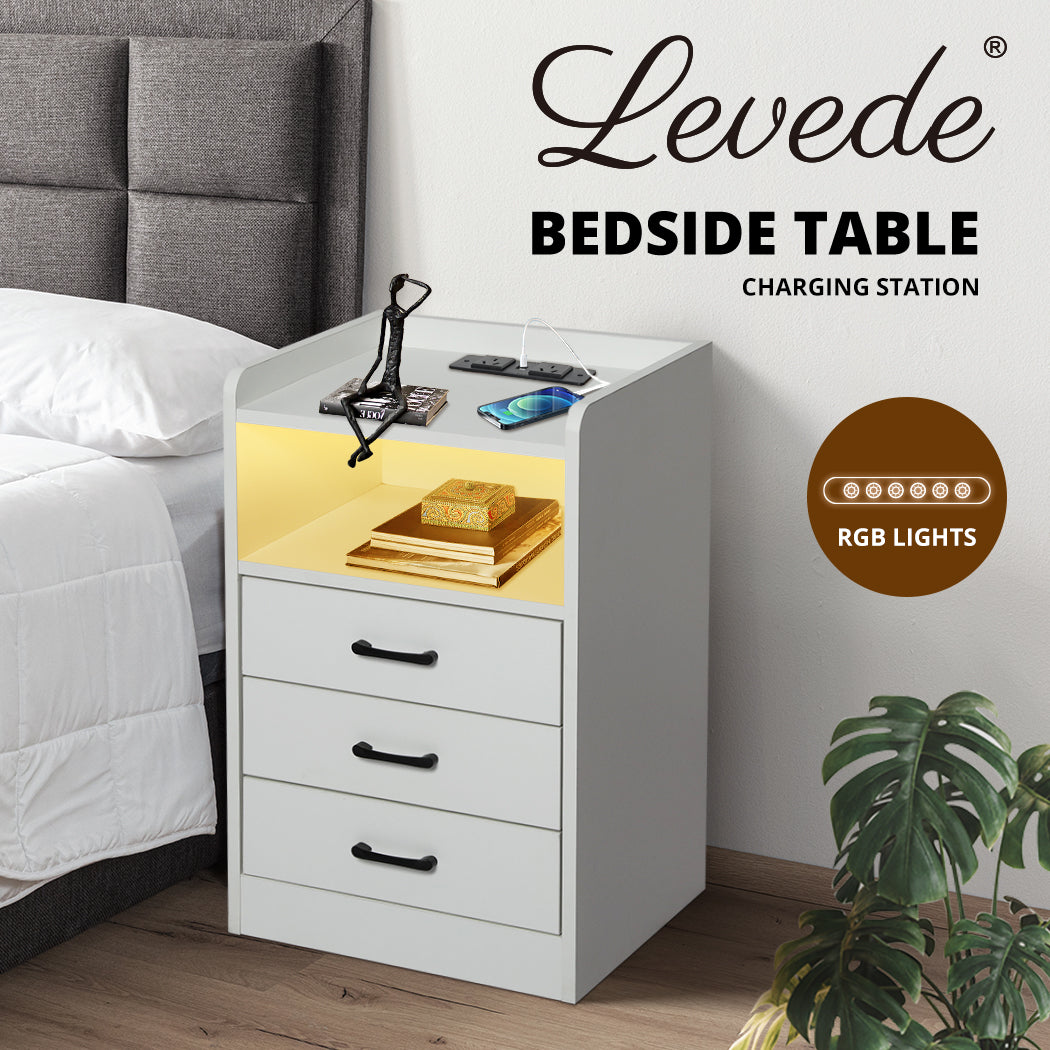 Levede Bedside Table Nightstand USB Charger Outlet RGB LED 3 Drawers White