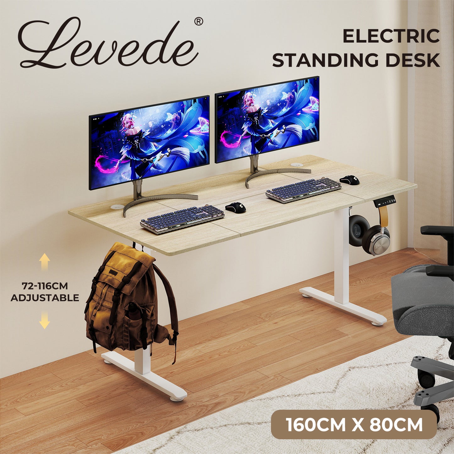 Levede Electric Standing Desk  Adjustable Height Workstation Metal Frame Natural