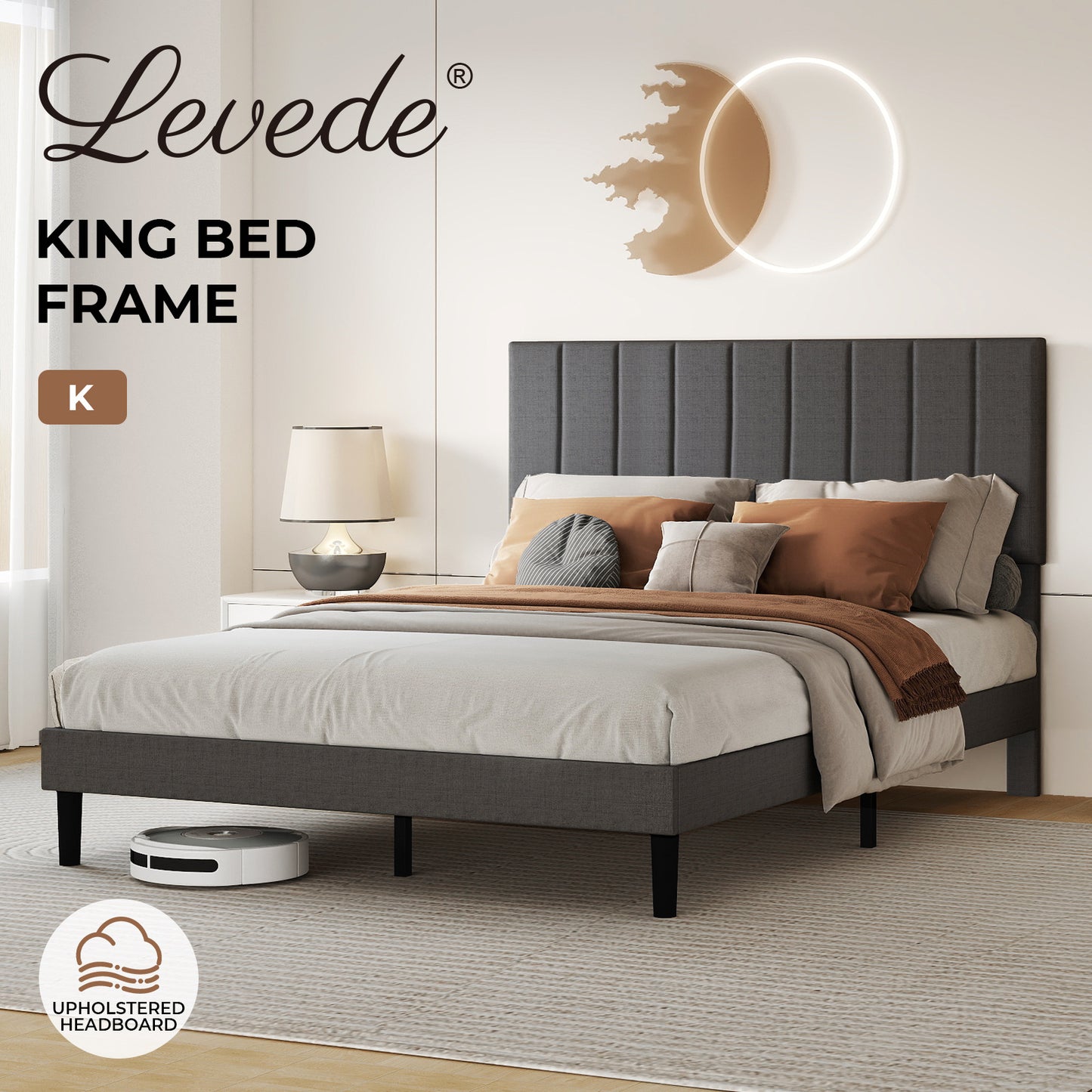 Levede King Bed Frame Linen Fabric Upholstered Soft Foam Headboard Wooden Slat