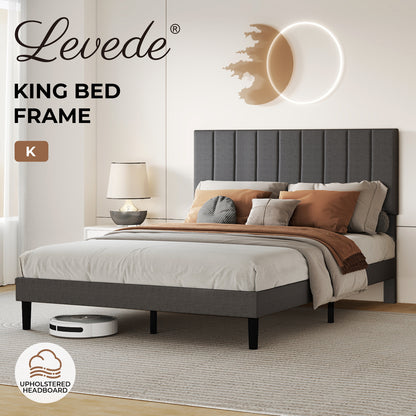 Levede King Bed Frame Linen Fabric Upholstered Soft Foam Headboard Wooden Slat