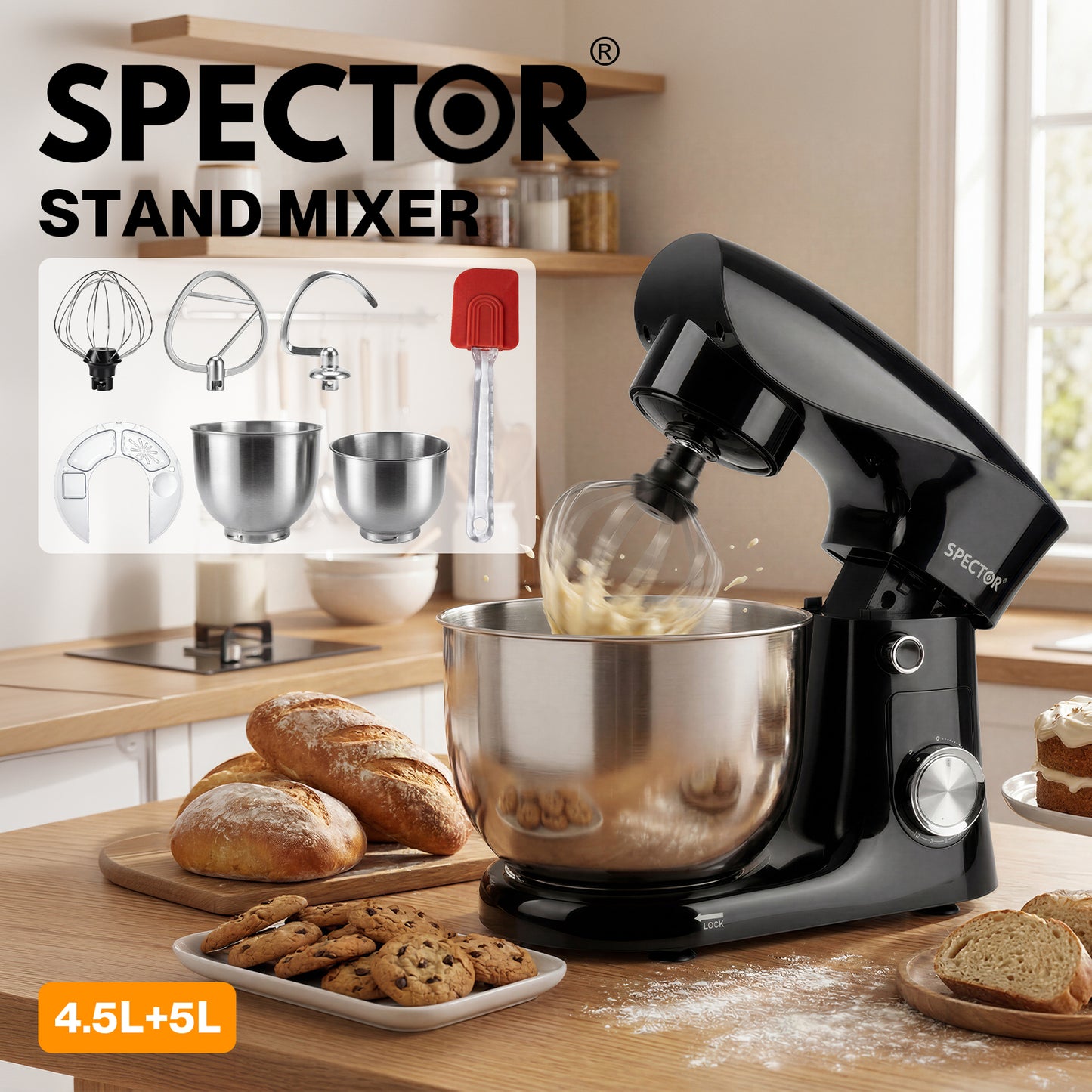 Spector Stand Mixer Electric 5L+4.5L Mixing Bowl 1500W 10 Speed Dough Hook Whisk