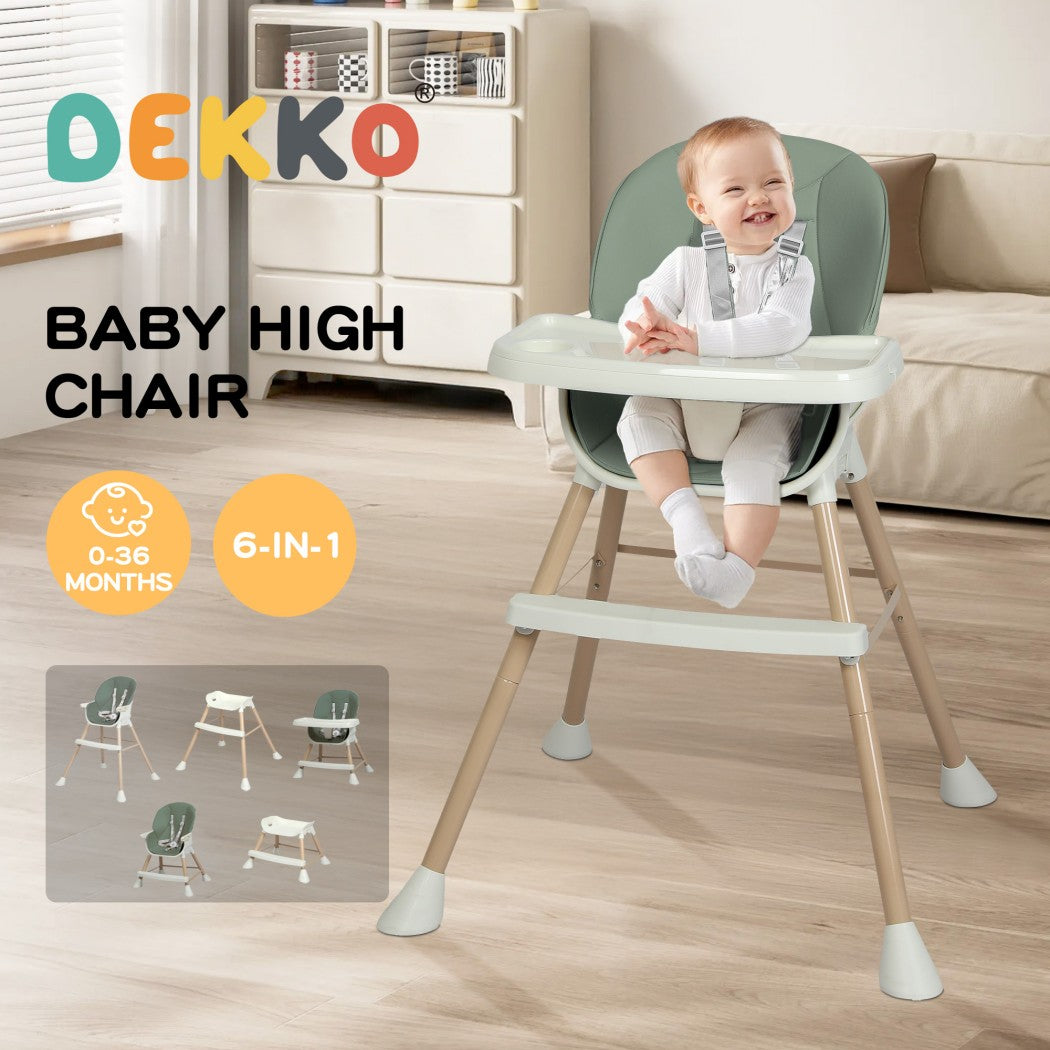 Dekko Baby High Chair Safe Feeding 6-In-1 Removable Seat Tray Adjustable Green